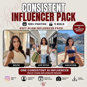 May include: A digital marketing pack titled CONSISTENT INFLUENCER PACK featuring 100+ photos and 5 reels. It displays three images of a woman in a selfie, lifestyle, and vacation setting, with text labels for each and icons for social media use.