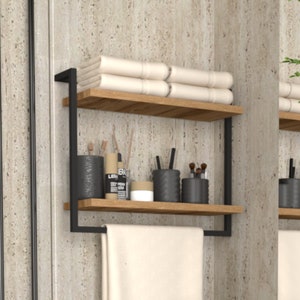 Wall-Mounted Towel Holder Shelf: Metal & Wood Bathroom Organizer