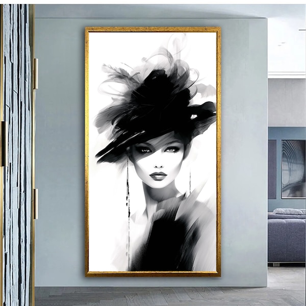 Peinture de femme, Femme en noir et blanc, art du portrait de femme, affiche de femme, femme au chapeau noir, art mural de femme, impression sur toile de femme,