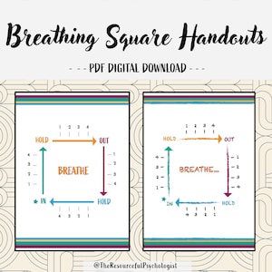 Puede incluir: Dos documentos digitales con un diagrama de cuadrado de respiración. El diagrama tiene un cuadrado con la palabra "Breathe" en el centro, y flechas que indican "Hold", "Out" e "In". El texto "Breathing Square Handouts" está en la parte superior.