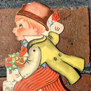 Antike Vintage Mechanische bewegliche Gelenk Junge mit Hund und Blumen Valentinstag Karte, Urlaub Grußkarte