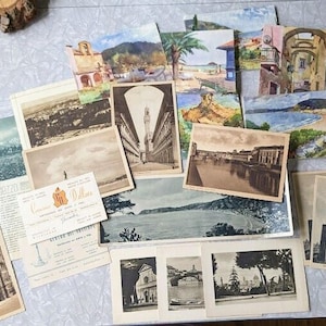 Lote de itens de viagem vintage, cartões de visita da Itália, folheto, foto panorâmica, cartão postal