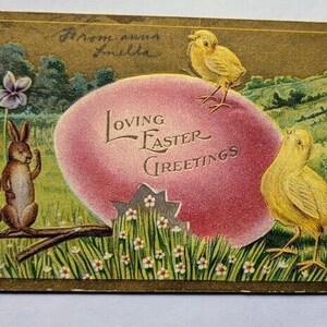 Cartolina d'auguri di Pasqua d'epoca Festa 1910 Pulcino Fiore Coniglio Antico Rilievo