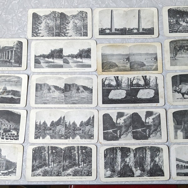 Set of 19 Double Sided Stereograph Stereoscope US Travel Photo Cards Landmarks Animals