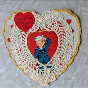 Navy Crackerjack Sailor Military WWII Era Vintage Valentine Paper Lace Mother A-meri-card
