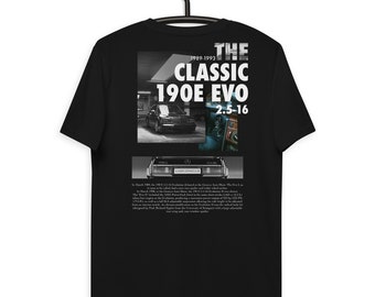 100% organic cotton car t-shirt - 190E EVO - Black - gift for car lovers, youngtimer. Auto design Made in EU.