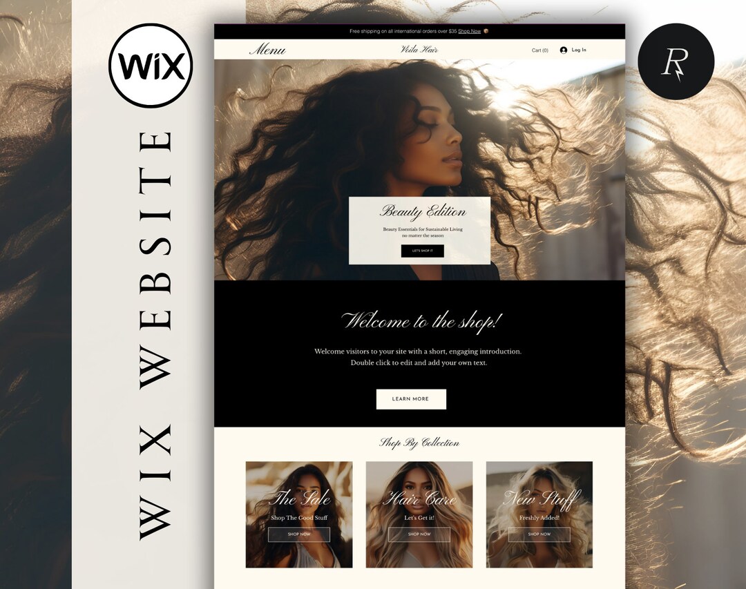 Luxury Black White Hair Wix site Template, Minimal Clean Aesthetic