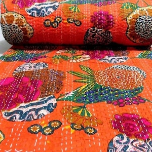 Floral Cotton Kantha Quilt: Bohemian Bedspread, King Size, Orange Fruit Print