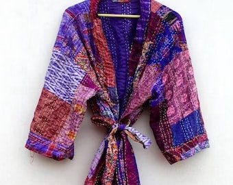 Handgemaakte zijden kantha kimono-badjas: boho gewatteerd jasje