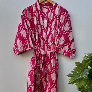 Womens Cotton Kimono Robe: Boho Animal Print Organic Cotton Dressing Gown
