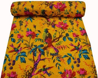 Indiase gele vogelprint Kantha Quilt Indiase handgemaakte mooie beddengoed gooien puur katoenen deken sprei Queen size bedcover