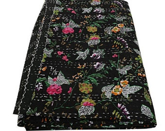 Indian Black Paradise Print Kantha Quilt Indiase handgemaakte mooie beddengoed gooien puur katoenen deken sprei Queen size bedcover