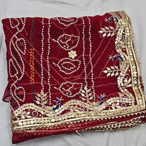 Indian Handmade Gotta Patti Jaipur Bandaj Saree, Unique Design Saree, Red Color Chunri