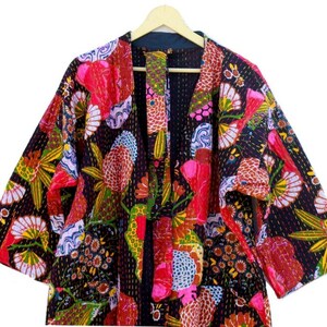 Handmade Indian Cotton Kantha Kimono: Reversible Quilted Jacket