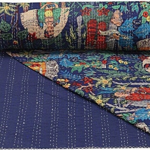 Indian Blue Frida Print Kantha Quilt Indian Handmade Beautiful Bedding Throw Pure Cotton Blanket Bedspread Queen Size Bedcover Kantha