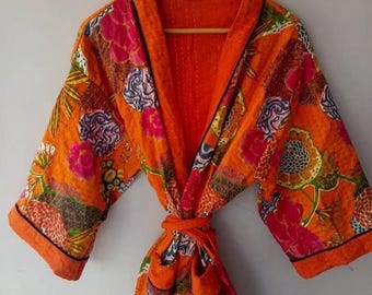 Handmade Kantha Quilt Kimono Jacket: Bohemian Cotton Wrap, Reversible Robe