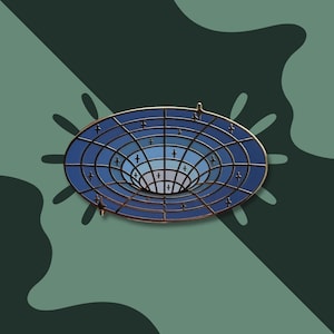 May include: An enamel pin depicting a wormhole or black hole. The pin has a blue and gold colour scheme, with a gradient effect in the centre. The design includes cross-shaped details and a gold border.