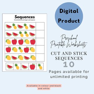Preschool Cut and Paste Activity, Complete The Pattern, Complete the Sequence, Printable Activity for Kids, Homeschool Resource