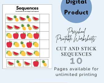 Preschool Cut and Paste Activity, Complete The Pattern, Complete the Sequence, Printable Activity for Kids, Homeschool Resource