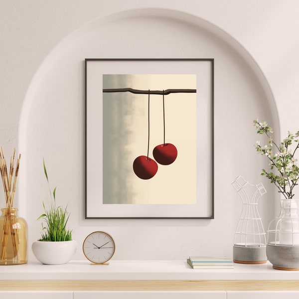 PRINTABLE Cherry Art Print, Vibrant Wall Decor, Fruit-Themed Artwork, Kitchen Living Room Decor, Unique Gift Idea, Colourful Design Print