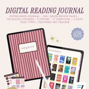 May include: Digital reading journal displayed on a tablet, featuring a pink cover with vertical stripes and the text "Reading Journal." The screen shows book covers and the words "My Bookshelf." Includes digital stickers and the text "Digital Reading Journal."