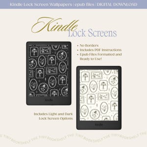 May include: Two Kindle e-readers displaying lock screen wallpapers. One has a black background with white floral designs, the other has a cream background with similar designs. Text reads "Kindle Lock Screens" and "Includes Light and Dark Lock Screen Options."