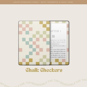 May include: A digital book cover design featuring a checkerboard pattern in shades of pink, green, and yellow. The text "Chalk Checkers" is displayed below the image. The text "APTER I" is visible on the Kindle screen.