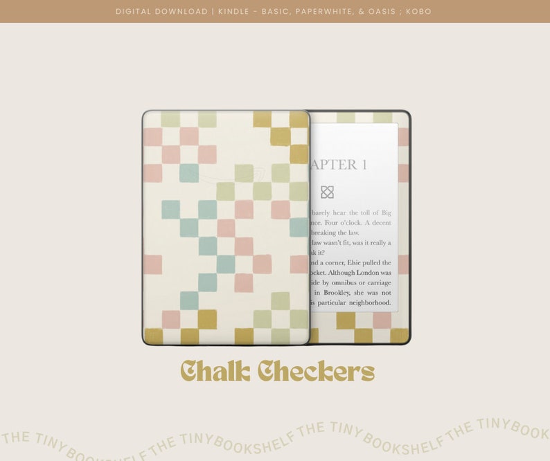 May include: A digital book cover design featuring a checkerboard pattern in shades of pink, green, and yellow. The text "Chalk Checkers" is displayed below the image. The text "APTER I" is visible on the Kindle screen.