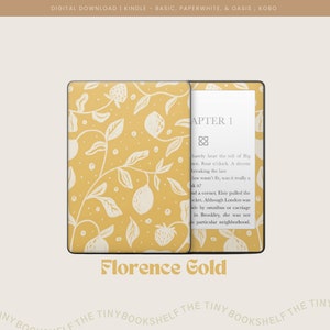 Puede incluir: Un diseño de portada de libro digital con fondo amarillo y un patrón floral blanco de limones, fresas y hojas. El texto "APTER 1" y "Florence Gold" es visible en la portada.