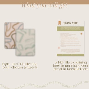 May include: Two digital files are shown. The first file is a high-resolution JPG image of abstract artwork with brown and blue lines on a cream background. The second file is a PDF document with the text "THANK YOU!" and instructions on how to purchase a decal at DecalGirl.com.