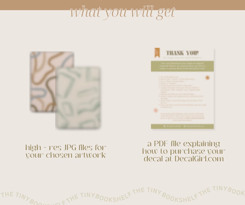 May include: Two digital files are shown. The first file is a high-resolution JPG image of abstract artwork with brown and blue lines on a cream background. The second file is a PDF document with the text "THANK YOU!" and instructions on how to purchase a decal at DecalGirl.com.