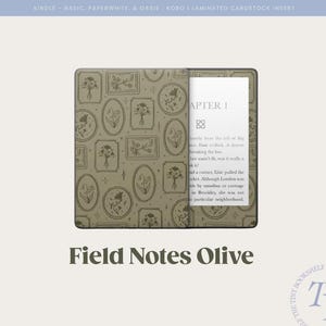 May include: Olive green laminated cardstock insert for Kindle, Paperwhite, Oasis, and Kobo. The cover features a repeating pattern of floral designs within oval and rectangular frames. The text "Field Notes Olive" is displayed below the product.