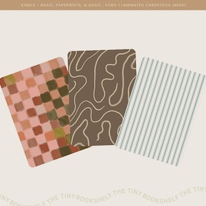 May include: Three different patterned book covers, one with a checkered pattern in shades of pink, brown, and green, one with a brown background and white wavy lines, and one with white stripes on a light green background.