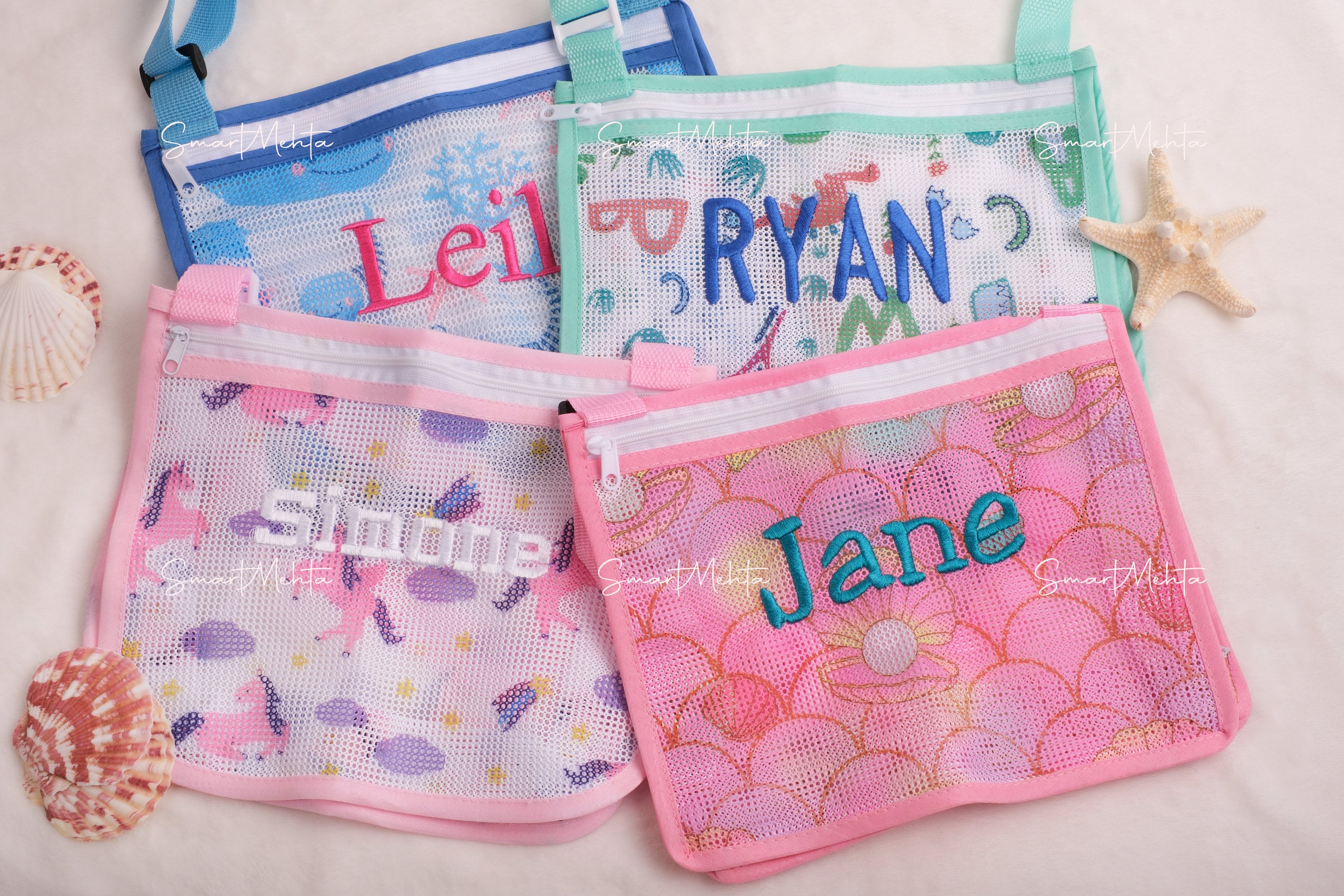 Custom Kids Seashell Beach Bag - Personalized Mesh Sand Bag for Summer Adventures
