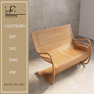 May include: A light brown wooden chair with a unique curved design. The chair is made of thin strips of wood that are layered and curved to create a comfortable and stylish seat. The chair is shown against a light gray tiled wall.