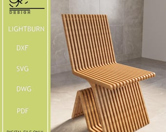 May include: A wooden chair with a unique design, made of multiple slats of wood. The chair has a curved back and a seat that is slightly angled. The chair is made of natural wood and has a light brown color.