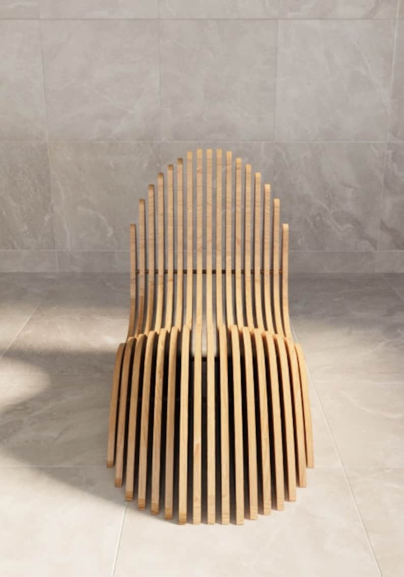 May include: A wooden chair with a curved back and seat made of thin, vertical slats. The chair is light brown and has a simple, modern design.