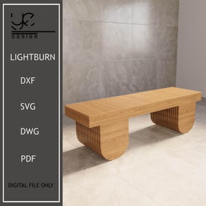 May include: A wooden bench with a slatted top and curved legs. The bench is made of light brown wood and has a modern design.