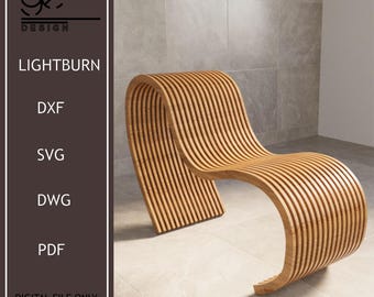 May include: A wooden chair with a curved, wave-like design. The chair is made of thin, vertical slats of wood and has a light brown color.