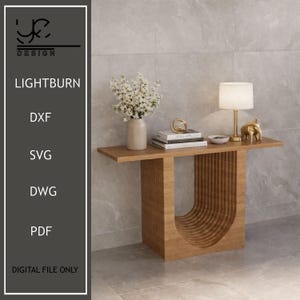 May include: A light brown wooden console table with a unique curved design on the base. The table is decorated with a vase of white flowers, books, a lamp, and a gold elephant figurine. The text "LIGHTBURN" and file type options are visible.
