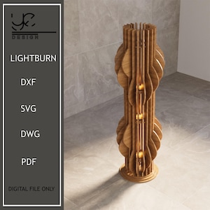 May include: A wooden floor lamp with a unique design, featuring layered, leaf-shaped cutouts. The lamp has a cylindrical shape and emits a warm glow. The text "LIGHTBURN" and file type options are visible.