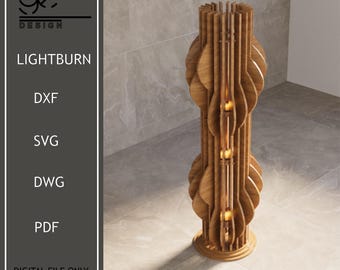 May include: A wooden floor lamp with a unique design, featuring layered, leaf-shaped cutouts. The lamp has a cylindrical shape and emits a warm glow. The text "LIGHTBURN" and file type options are visible.