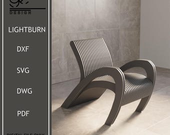 May include: A dark gray, modern, slatted chair with curved arms and a unique design. The chair is shown in a room with a light gray tiled floor. The image includes the text "LIGHTBURN", "DXF", "SVG", "DWG", "PDF", and "DIGITAL FILE ONLY".