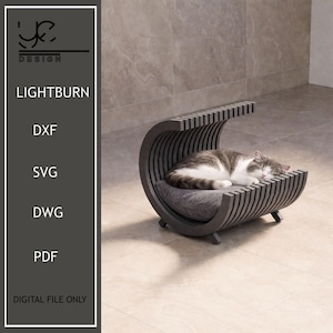 Könnte beinhalten: Ein modernes, graues Katzenbett mit geschwungenem Lamellendesign. Eine grau-weiße Katze schläft zusammengerollt auf einem grauen Kissen im Bett. Das Bild enthält den Text "LIGHTBURN" und Dateitypoptionen.