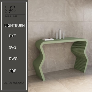 May include: A contemporary sage green console table with a distinctive wavy design. The table features a flat top with three white decorative bottles and a small white book. The text "LIGHTBURN" and file type options are visible.