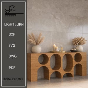 May include: A wooden console table with a geometric design, featuring arched cutouts. The table is adorned with decorative vases, candles, and a tray with small bottles. The text "LIGHTBURN" and file type options are displayed on the left.