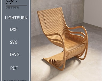 May include: A wooden chair with a unique, curved design. The chair is made of thin strips of wood that are layered and curved to create a flowing shape. The chair is light brown in color and has a modern, minimalist aesthetic.
