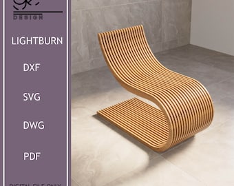 May include: A wooden chair with a curved design. The chair is made of thin strips of wood that are arranged in a parallel pattern. The chair is light brown in color and has a smooth finish.