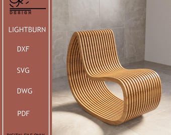 May include: A wooden rocking chair with a curved, slatted design. The chair is made of light brown wood and has a smooth, polished finish.