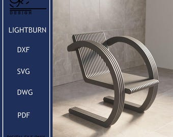 May include: A modern chair design with a curved frame and a slatted seat and back. The chair is dark gray with white stripes and has the text "LIGHTBURN" and "DIGITAL FILE ONLY".